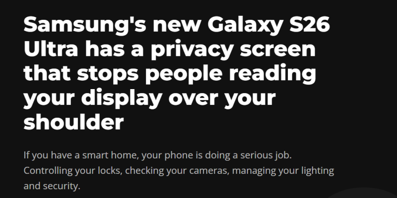 Samsung Galaxy S26 Ultra privacy screen feature displayed on dark background with Cheshire Smart Homes branding.