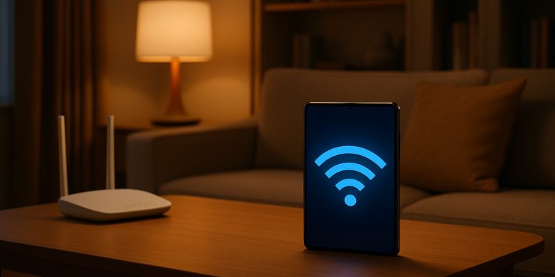 Tablet displaying Wi-Fi symbol on wooden desk with router and lamp in modern home interior.