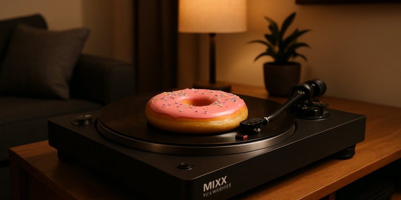 Glazed pink donut on black record turntable in modern living room setting.