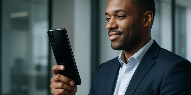 Professional man in business suit holding smartphone, looking at screen in modern office setting.